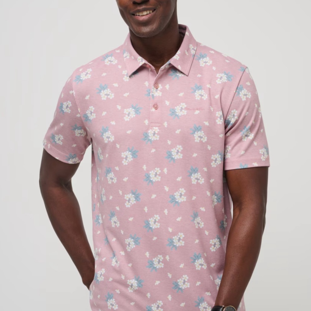 Travis Mathew Pink and Blue Polo Shirt  Floral Design Arbor Wave size Men Large
